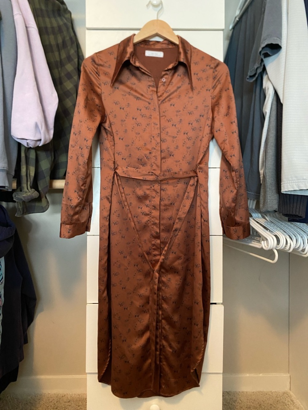 OAK + FORT Rust Floral Satin Shirt Dress